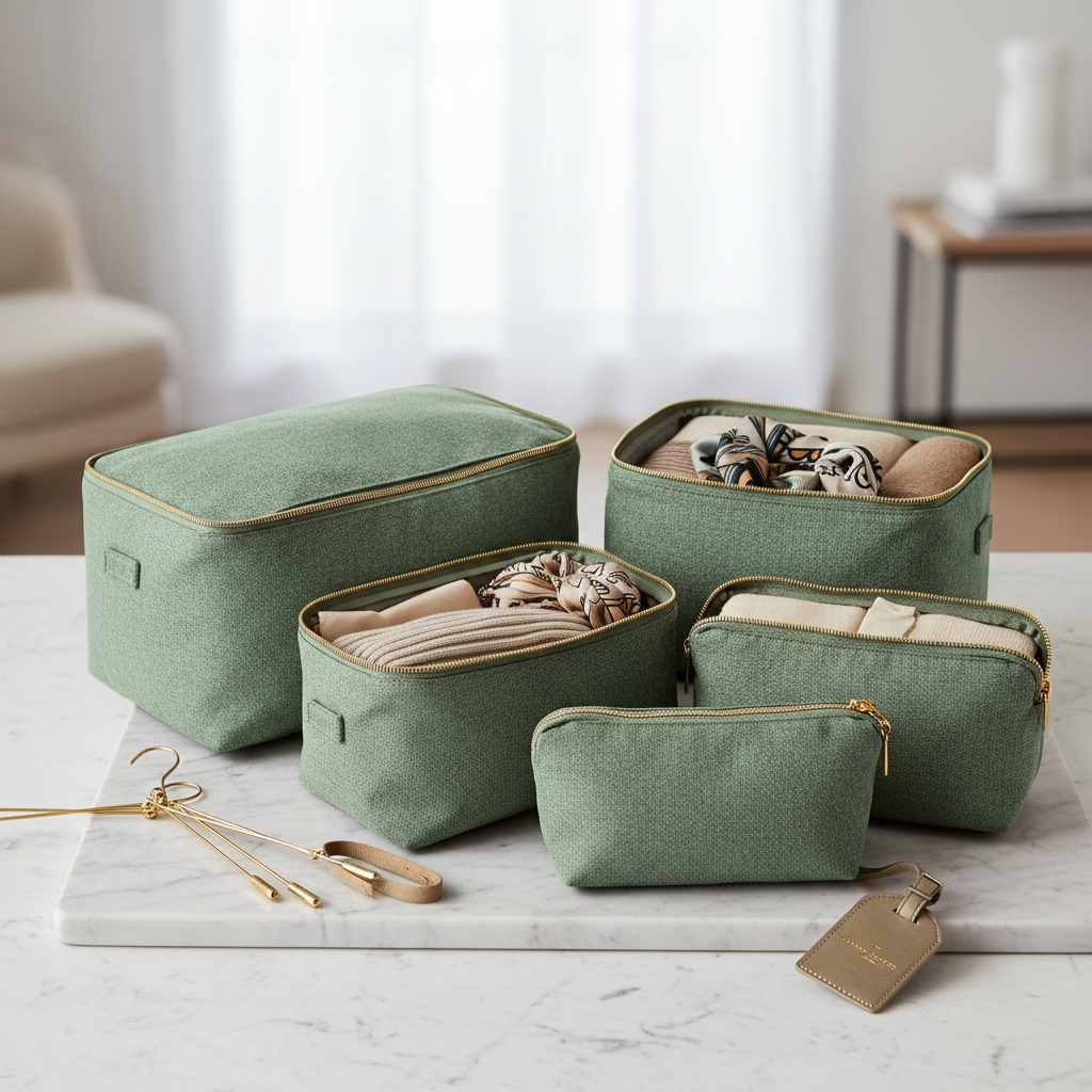 Luxury packing cube set in sage green with gold zippers