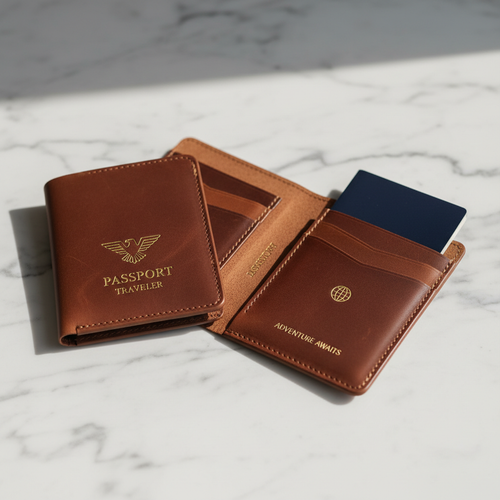Luxury cognac leather passport holder with gold embossed details
