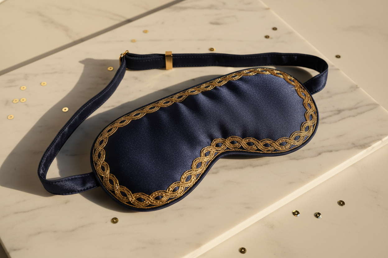 Luxury deep navy silk sleep eye mask with gold embroidered edge detail and adjustable satin strap on white marble