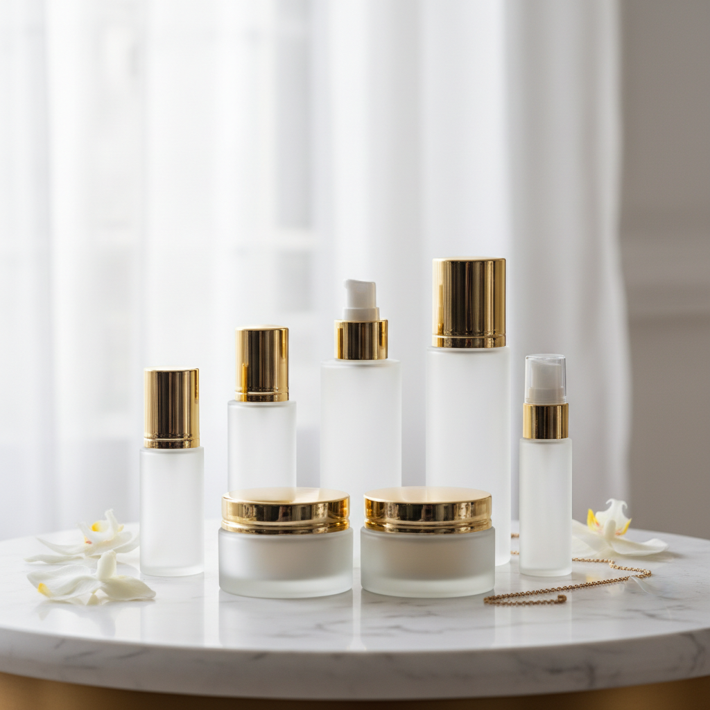 Luxury frosted glass travel size container set with gold caps on marble surface